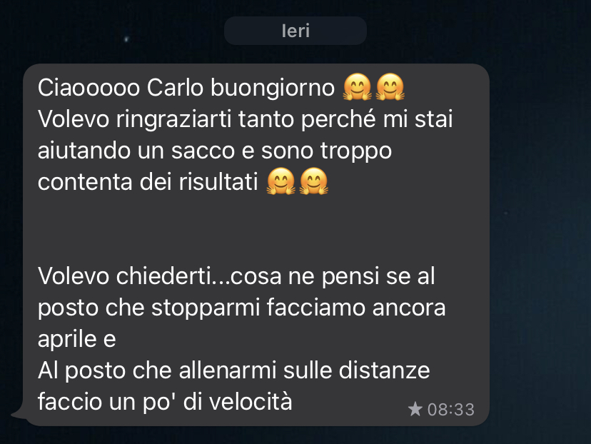 Risultato di un atleta Runners Academy: Grazie coach — Troppo contenta dei risultati