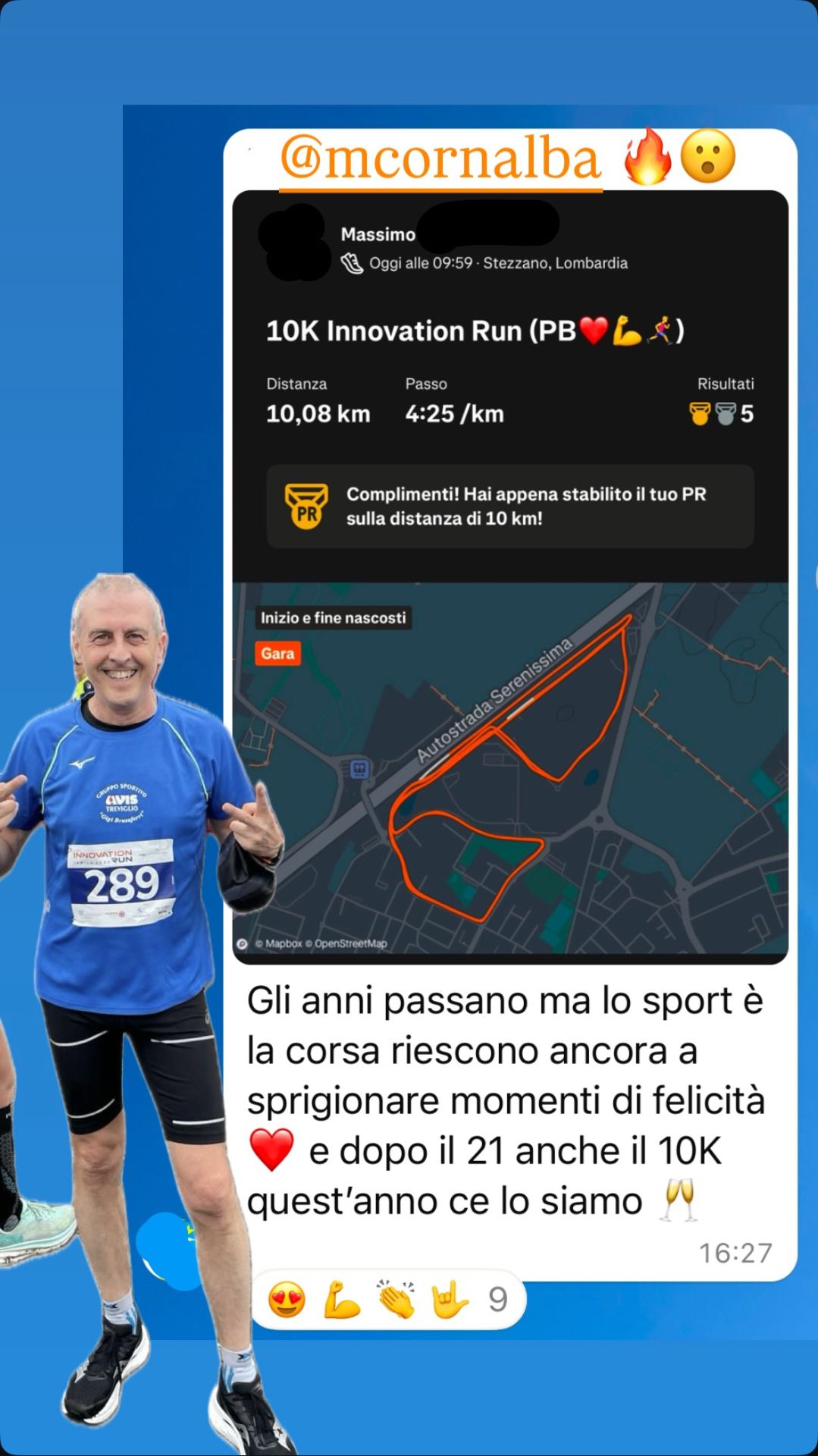 Risultato di un atleta Runners Academy: Massimo — 10K Innovation Run, New PB 4:25/km