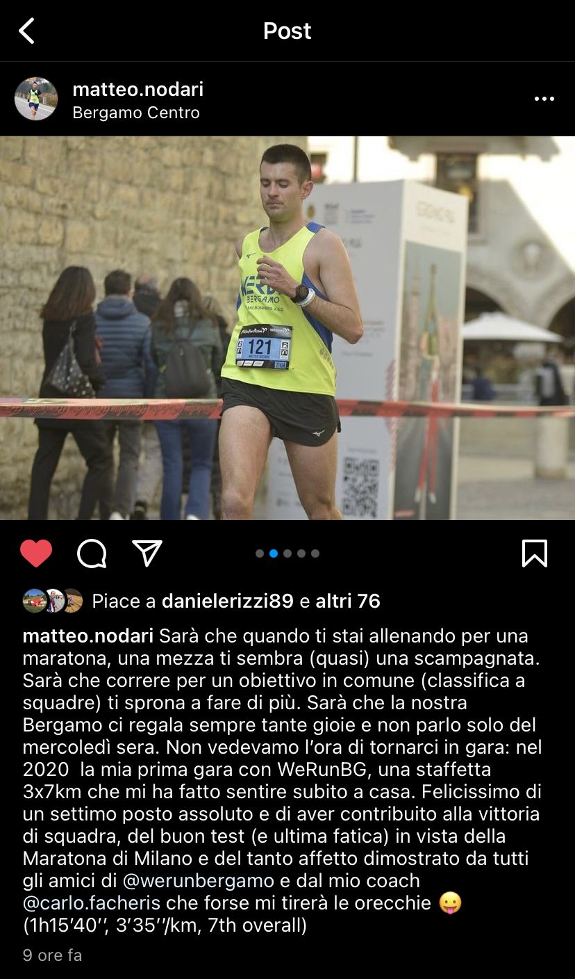 Risultato di un atleta Runners Academy: Matteo Nodari — WeRunBG, 7° assoluto in 1h15'40"