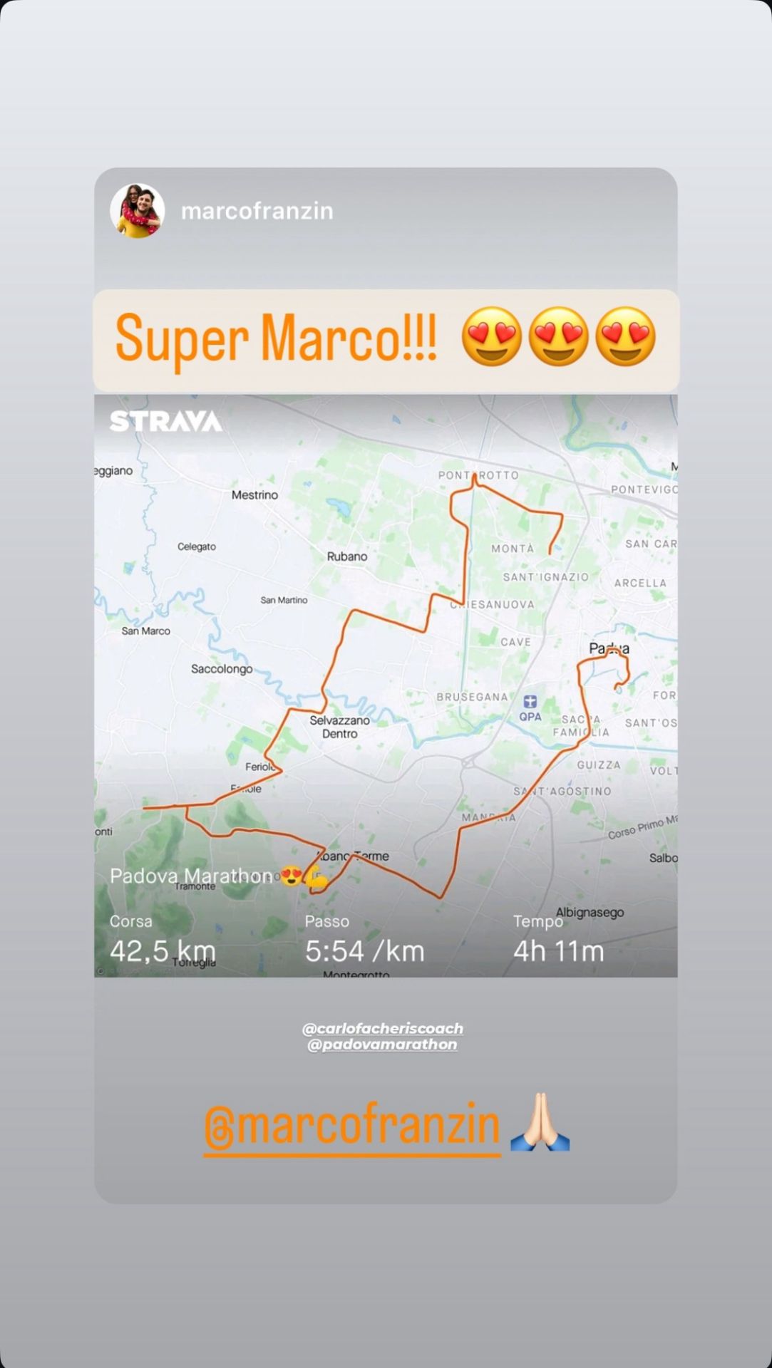 Risultato di un atleta Runners Academy: Super Marco — Padova Marathon