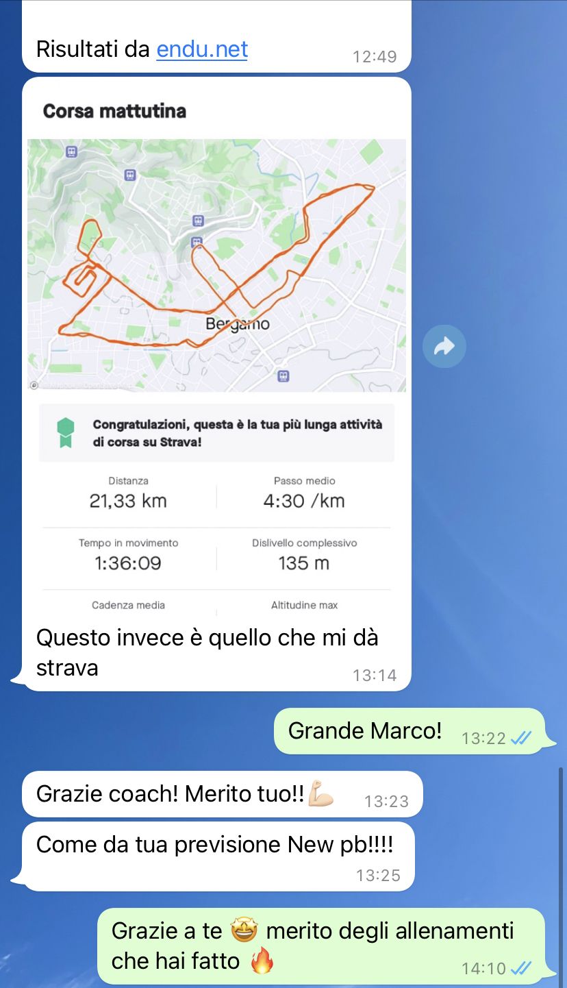 Risultato di un atleta Runners Academy: Marco — Mezza maratona 21,33 km, passo 4:30/km, New PB
