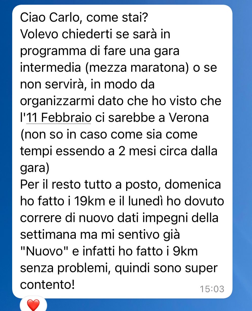 Risultato di un atleta Runners Academy: Mezza maratona pre-gara — Super contento