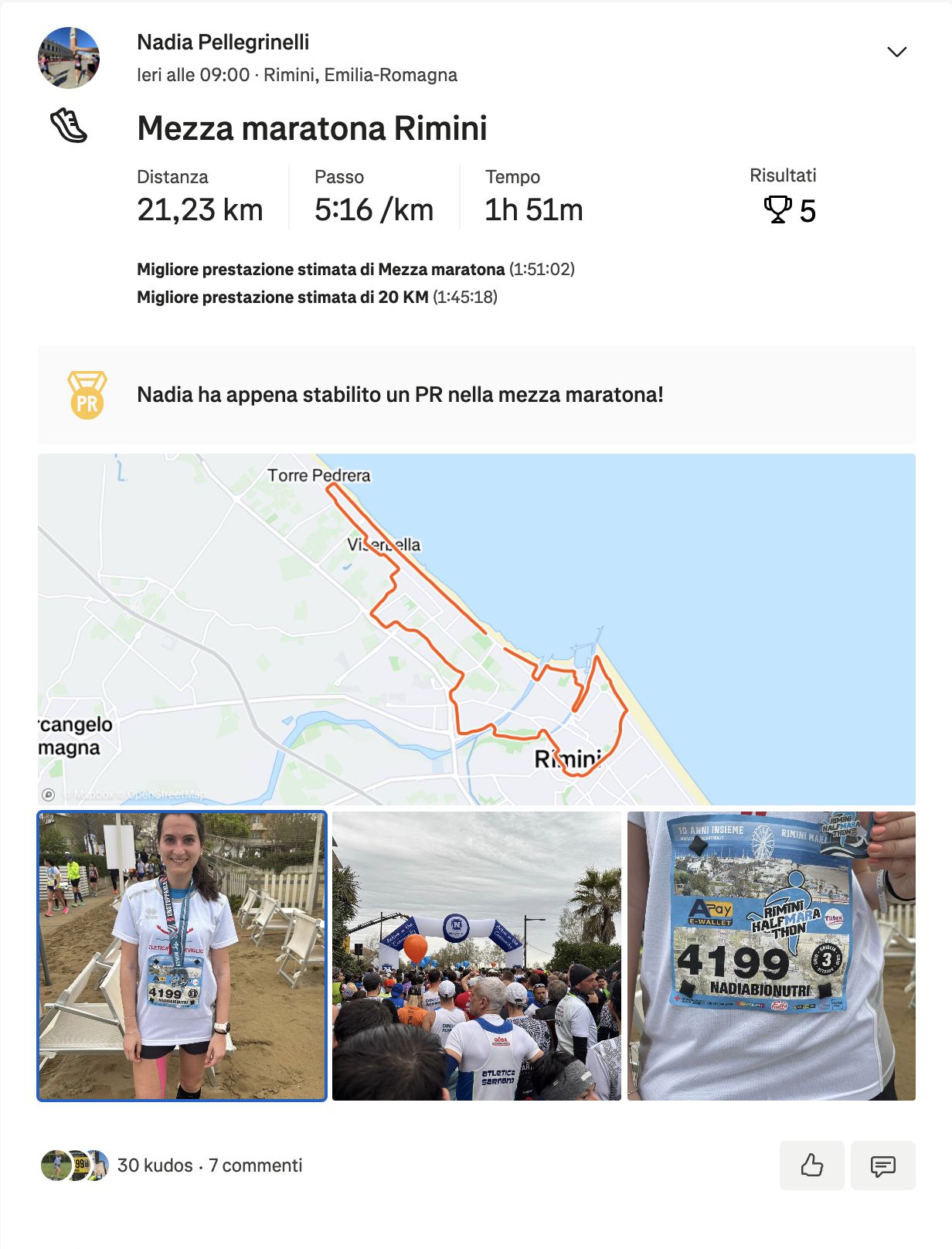 Risultato di un atleta Runners Academy: Nadia — PR Mezza Maratona Rimini 1h51m
