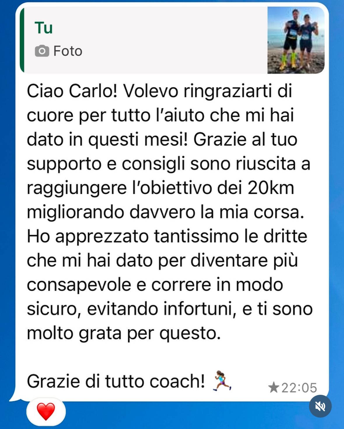 Risultato di un atleta Runners Academy: Grazie coach — Obiettivo 20km raggiunto