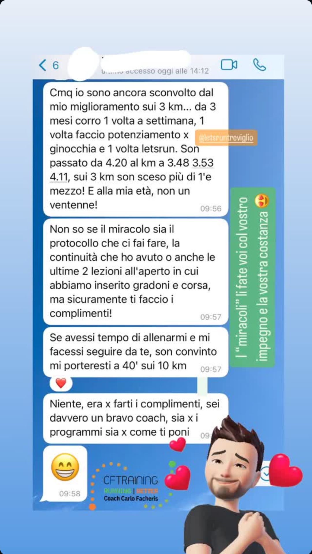 Risultato di un atleta Runners Academy: Miglioramento sui 3km — Bravo coach!